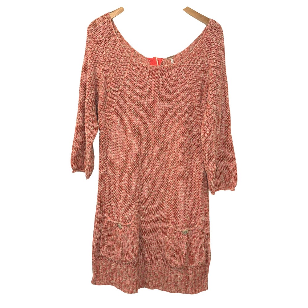 Free People Women's Knit Sweater Dress Coral‎ Beige 3/4 Sleeve Pockets Large